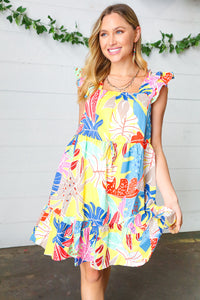 Yellow Tropical Print Ruffle Lined Drawstring Dress