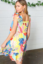 Load image into Gallery viewer, Yellow Tropical Print Ruffle Lined Drawstring Dress