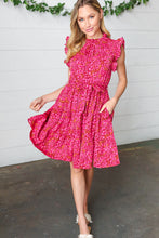 Load image into Gallery viewer, Magenta Floral Waist Tie Ruffle Frill Dress with Pockets