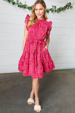 Load image into Gallery viewer, Magenta Floral Waist Tie Ruffle Frill Dress with Pockets