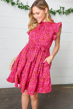 Load image into Gallery viewer, Magenta Floral Waist Tie Ruffle Frill Dress with Pockets