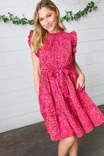 Load image into Gallery viewer, Magenta Floral Waist Tie Ruffle Frill Dress with Pockets