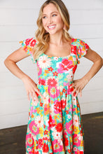 Load image into Gallery viewer, Seafoam &amp; Fuchsia Tropical Floral Square Neck Dress