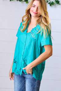 Teal Cotton Embroidered Button Down Cotton Top