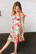 Load image into Gallery viewer, Seafoam &amp; Fuchsia Tropical Floral Square Neck Dress