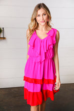Load image into Gallery viewer, Fuchsia Ruffle V Neck Crepe Tiered Midi Dress
