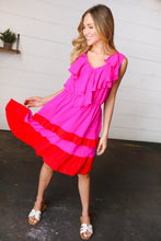 Load image into Gallery viewer, Fuchsia Ruffle V Neck Crepe Tiered Midi Dress