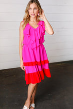 Load image into Gallery viewer, Fuchsia Ruffle V Neck Crepe Tiered Midi Dress