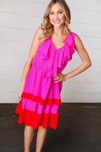 Load image into Gallery viewer, Fuchsia Ruffle V Neck Crepe Tiered Midi Dress