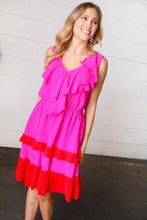 Load image into Gallery viewer, Fuchsia Ruffle V Neck Crepe Tiered Midi Dress