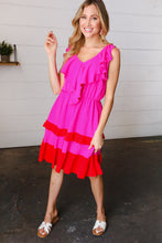 Load image into Gallery viewer, Fuchsia Ruffle V Neck Crepe Tiered Midi Dress