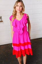 Load image into Gallery viewer, Fuchsia Ruffle V Neck Crepe Tiered Midi Dress