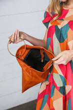 Load image into Gallery viewer, Camel Fold Over Gold O-Ring Faux Leather Clutch Bag