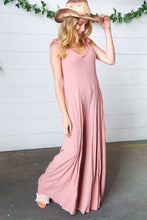 Load image into Gallery viewer, Dusty Rose Rib Knit Tie Shoulder Pocketed Jumpsuit