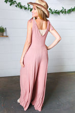 Load image into Gallery viewer, Dusty Rose Rib Knit Tie Shoulder Pocketed Jumpsuit