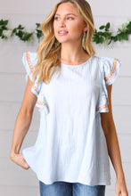 Load image into Gallery viewer, Chambray Embroidered Flutter Sleeve Top