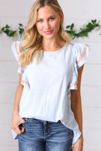 Load image into Gallery viewer, Chambray Embroidered Flutter Sleeve Top