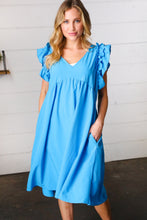 Load image into Gallery viewer, Sky Blue Babydoll Ruffle V Neck Crepe Dress