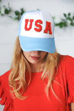 Load image into Gallery viewer, Sky Blue USA Snap Back Mesh Trucker Cap
