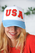 Load image into Gallery viewer, Sky Blue USA Snap Back Mesh Trucker Cap