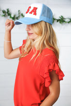 Load image into Gallery viewer, Sky Blue USA Snap Back Mesh Trucker Cap