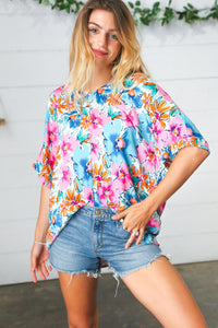 Pink & Blue Floral Print Woven Top