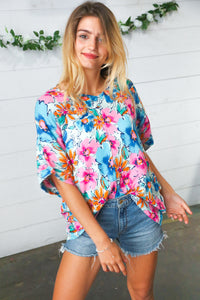 Pink & Blue Floral Print Woven Top