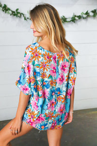 Pink & Blue Floral Print Woven Top