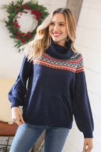 Load image into Gallery viewer, Navy Holiday Pattern Bubble Sleeve Cowel Neck