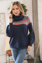 Load image into Gallery viewer, Navy Holiday Pattern Bubble Sleeve Cowel Neck