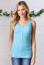 Load image into Gallery viewer, Ice Blue Cotton Rib Henley Button Down Tank Top