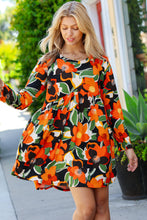Load image into Gallery viewer, Orange &amp; Olive Floral Long Sleeve Babydoll Dress
