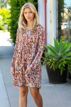 Load image into Gallery viewer, Taupe &amp; Maroon Floral Long Sleeve Babydoll Dress