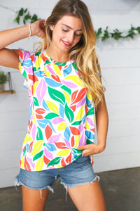 Green & Yellow Floral Leaf Flutter Sleeve Top