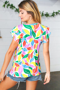 Green & Yellow Floral Leaf Flutter Sleeve Top