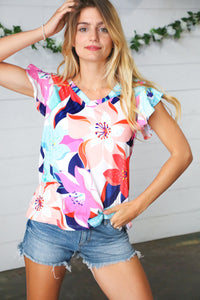 Multicolor Tropical Floral Print Flutter Sleeve Top