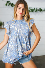 Load image into Gallery viewer, Blue &amp; Ivory Paisley Mock Neck Flutter Sleeve Top