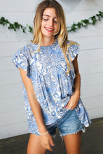 Load image into Gallery viewer, Blue &amp; Ivory Paisley Mock Neck Flutter Sleeve Top