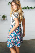 Load image into Gallery viewer, Dark Teal Two-Fer Stripe &amp; Floral Color Block Dress