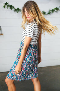 Dark Teal Two-Fer Stripe & Floral Color Block Dress