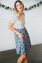 Load image into Gallery viewer, Dark Teal Two-Fer Stripe &amp; Floral Color Block Dress