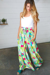 Fushcia & Green Boho Wide Leg Tie Waist Twofer Jumpsuit