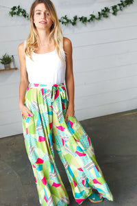 Fushcia & Green Boho Wide Leg Tie Waist Twofer Jumpsuit