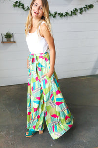 Fushcia & Green Boho Wide Leg Tie Waist Twofer Jumpsuit