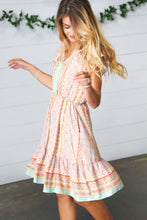 Load image into Gallery viewer, Sage Boho Floral Button Detail V Neck Ruffle Dress