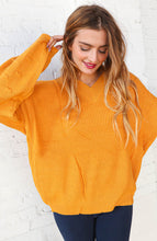 Load image into Gallery viewer, Mustard V Neck Chunky Textured Bubble Sleeve Sweater