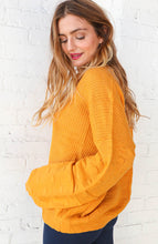 Load image into Gallery viewer, Mustard V Neck Chunky Textured Bubble Sleeve Sweater