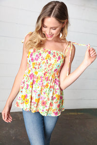 Daffodil Floral Smocked Shoulder Tie Top