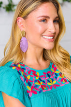 Load image into Gallery viewer, Lilac &amp; Gold Leather Fringe Feather Earrings