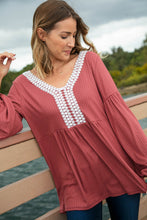 Load image into Gallery viewer, Dusty Rose Crochet Laced V Neck Babydoll Rib Top
